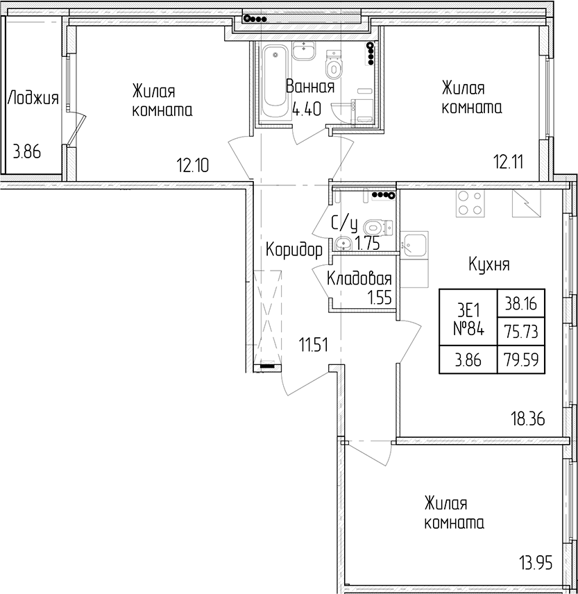 3-комнатная квартира 75.73 м², 1/4 эт., ЖК «Любоград в Стрельне»
